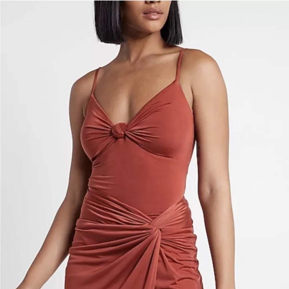 Express Body Contour Compression Silky Knotted Front Thong Bodysuit